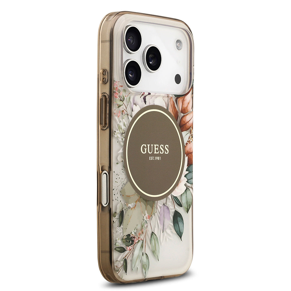 Apple iPhone 17 Pro Kılıf Guess Orjinal Lisanslı M-safe Şarj Özellikli Flower Tonal Circle Kapak Kahverengi