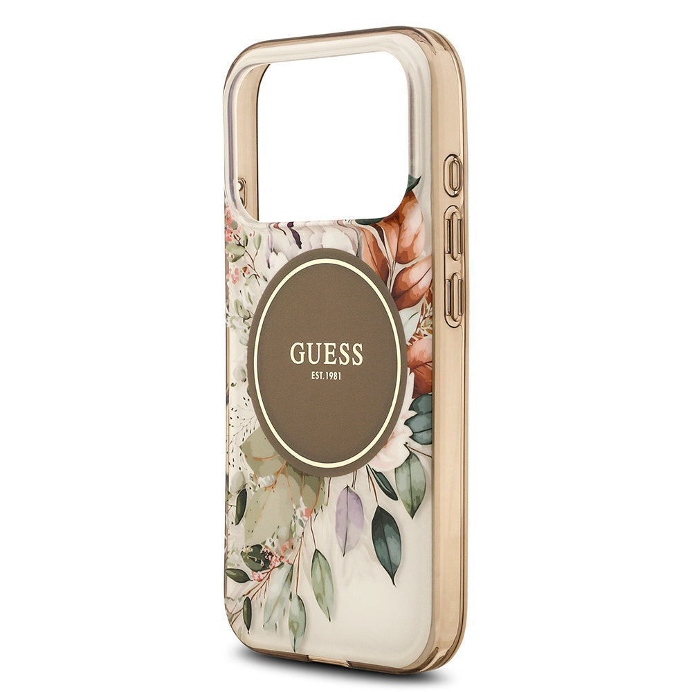 Apple iPhone 17 Pro Kılıf Guess Orjinal Lisanslı M-safe Şarj Özellikli Flower Tonal Circle Kapak Kahverengi