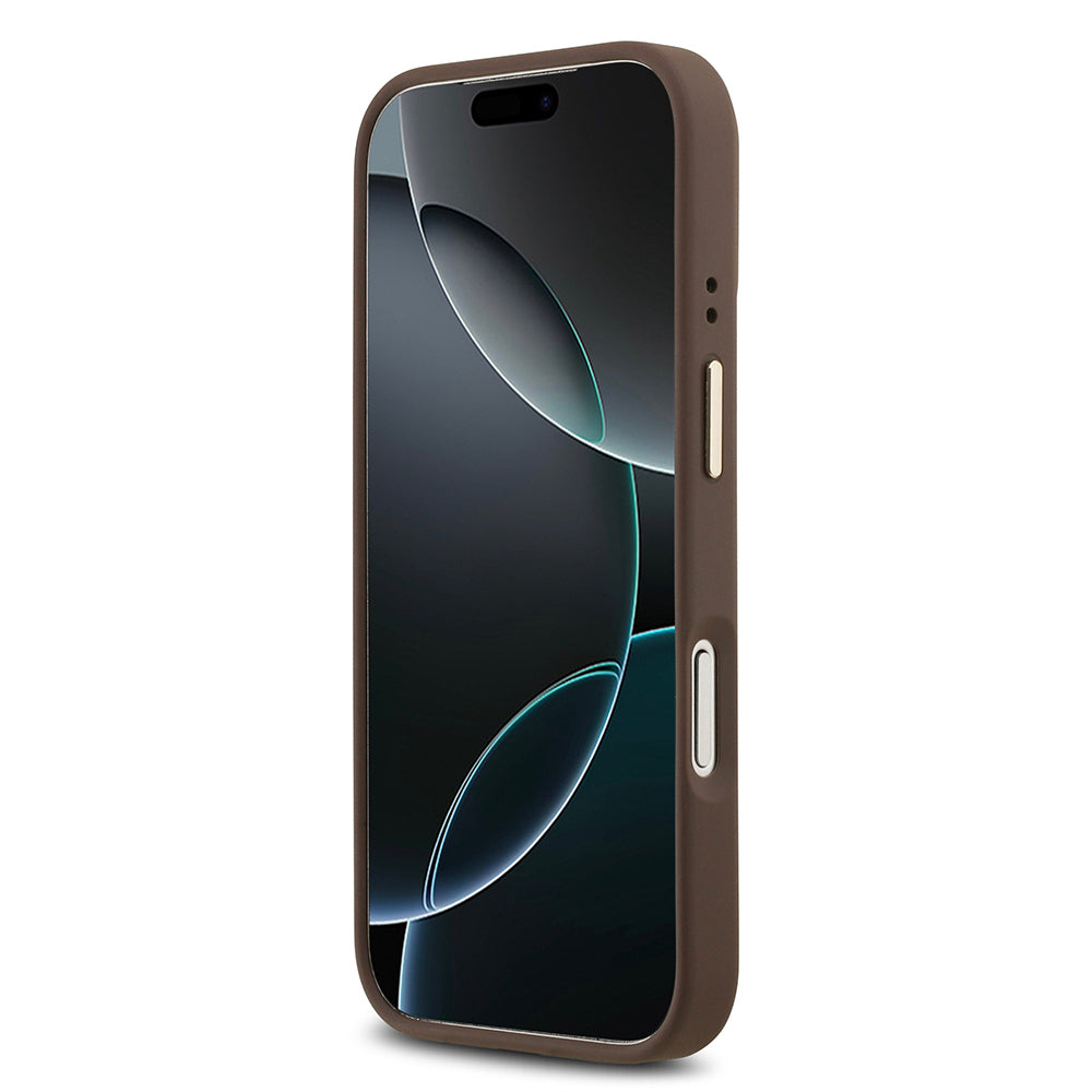 Apple iPhone 17 Pro Kılıf Guess Orjinal Lisanslı M-safe Şarj Özellikli Gold Metal Kamera Çerçeveli PU Deri 4G Desenli Yazı Logolu Kapak Mavi