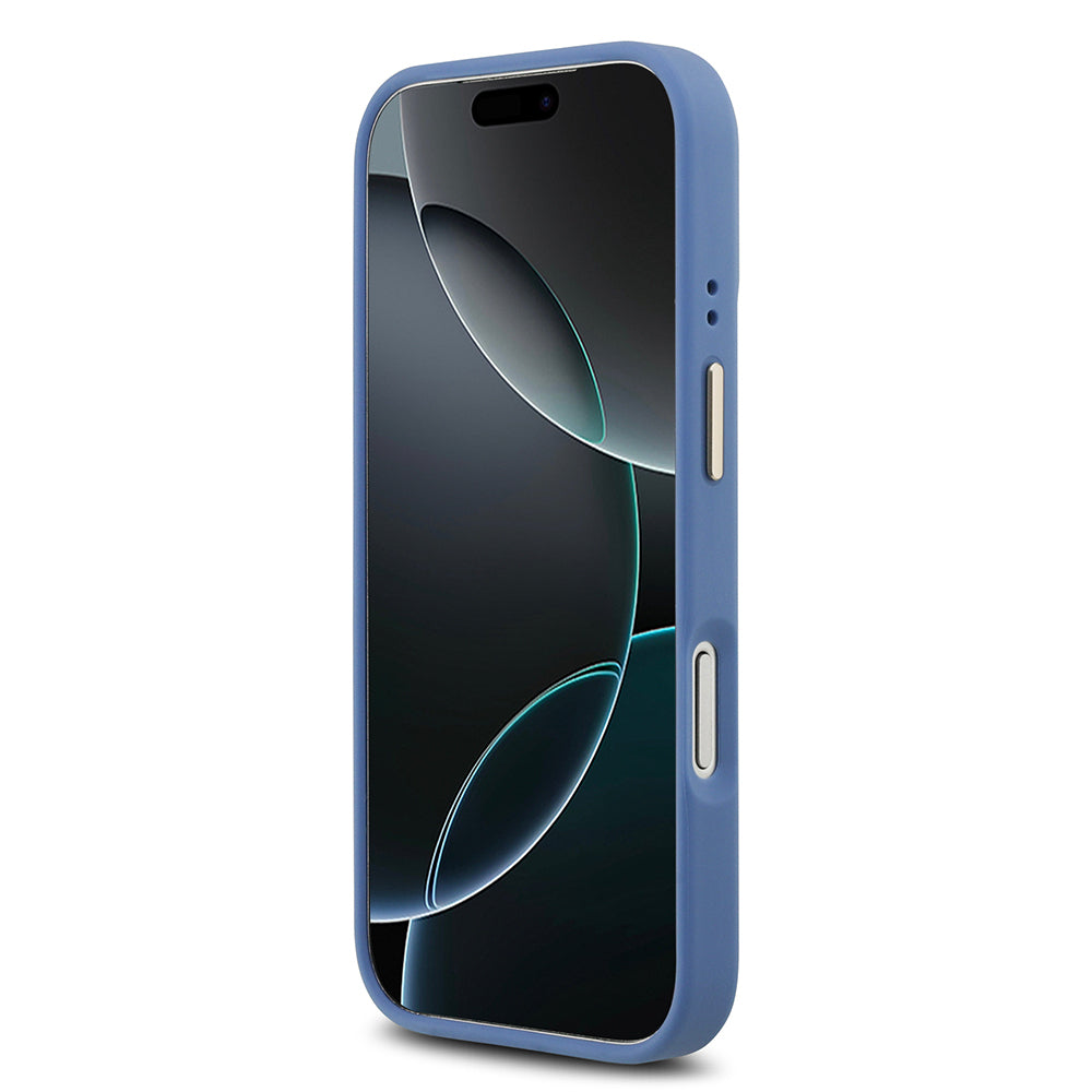 Apple iPhone 17 Pro Kılıf Guess Orjinal Lisanslı M-safe Şarj Özellikli Gold Metal Kamera Çerçeveli PU Deri 4G Desenli Yazı Logolu Kapak Mavi