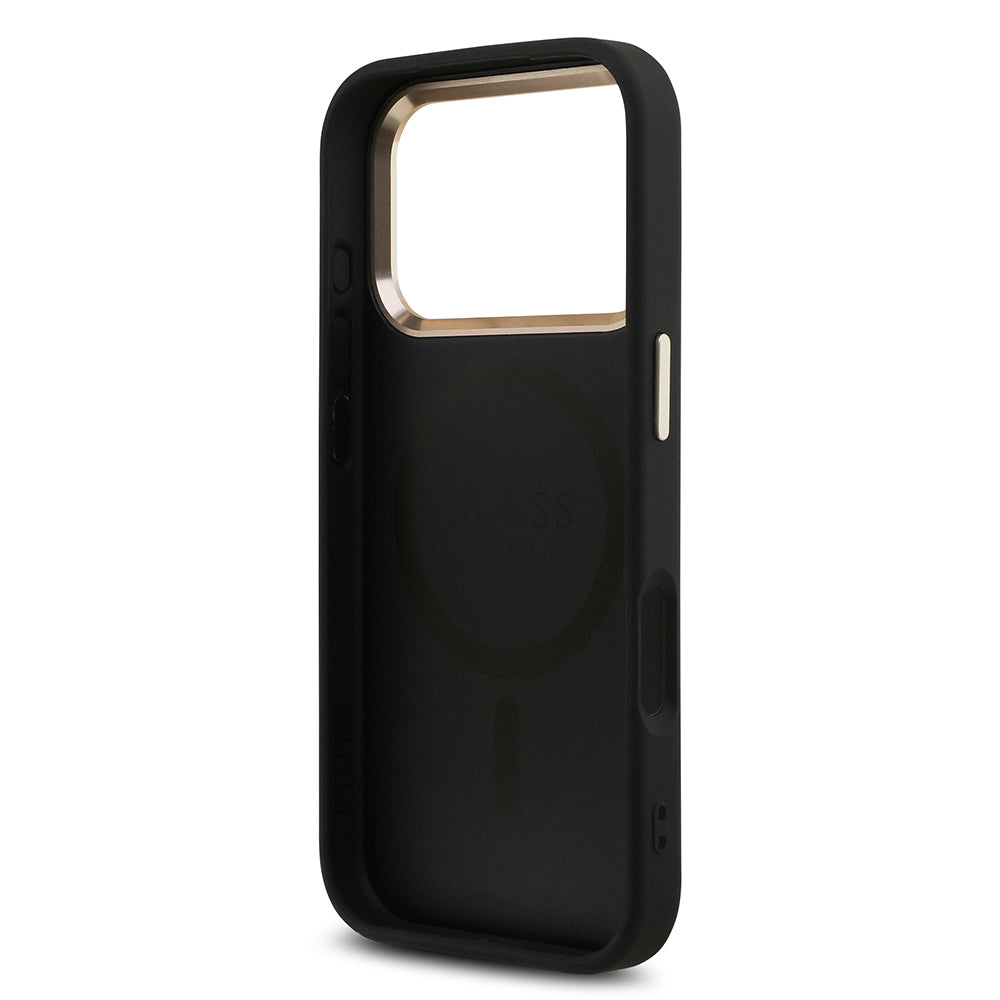 Apple iPhone 17 Pro Kılıf Guess Orjinal Lisanslı M-safe Şarj Özellikli Gold Metal Kamera Çerçeveli Taşlı Üçgen Logo 4G Desenli Kapak Pembe