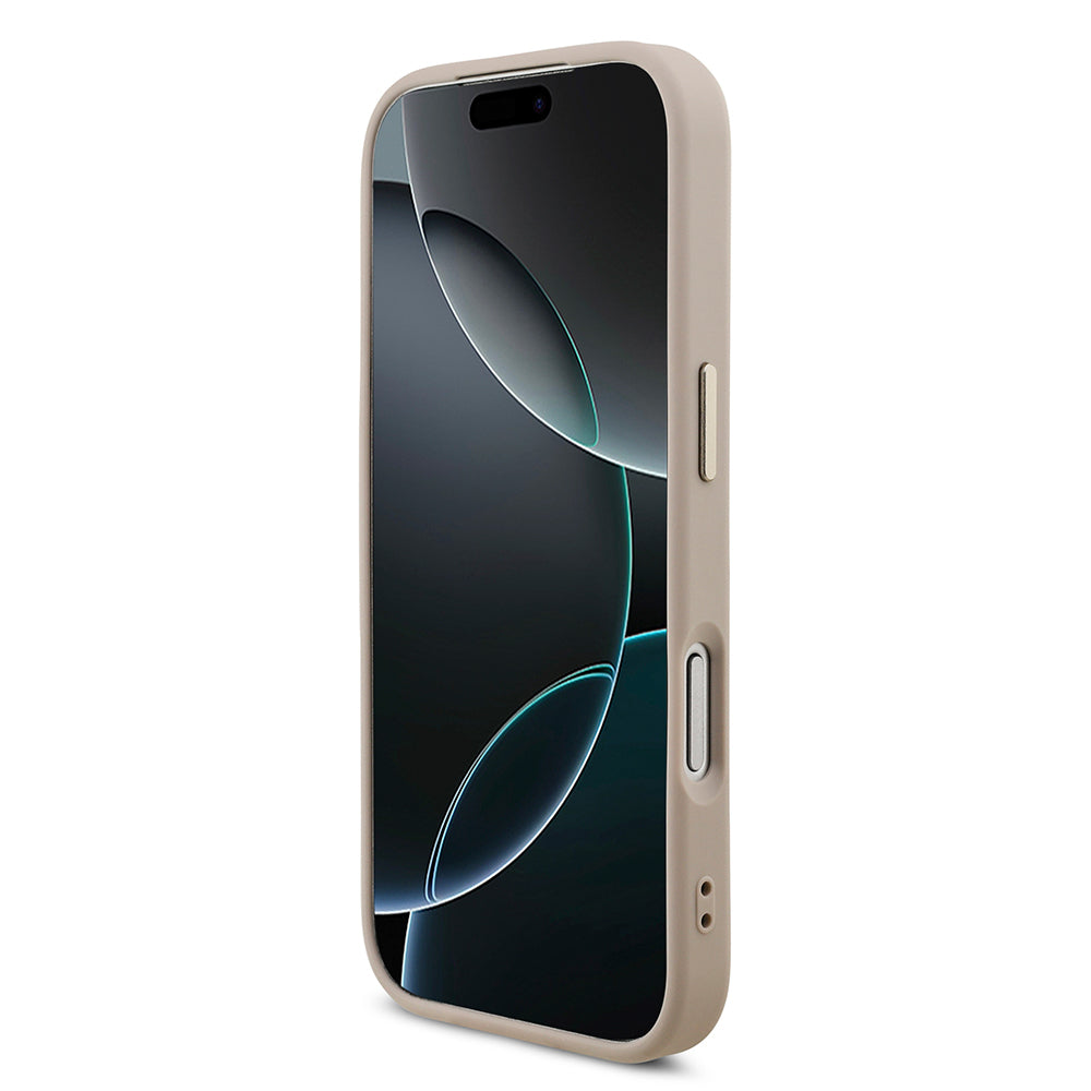 Apple iPhone 17 Pro Kılıf Guess Orjinal Lisanslı M-safe Şarj Özellikli Gold Metal Kamera Çerçeveli Taşlı Üçgen Logo 4G Desenli Kapak Kahverengi