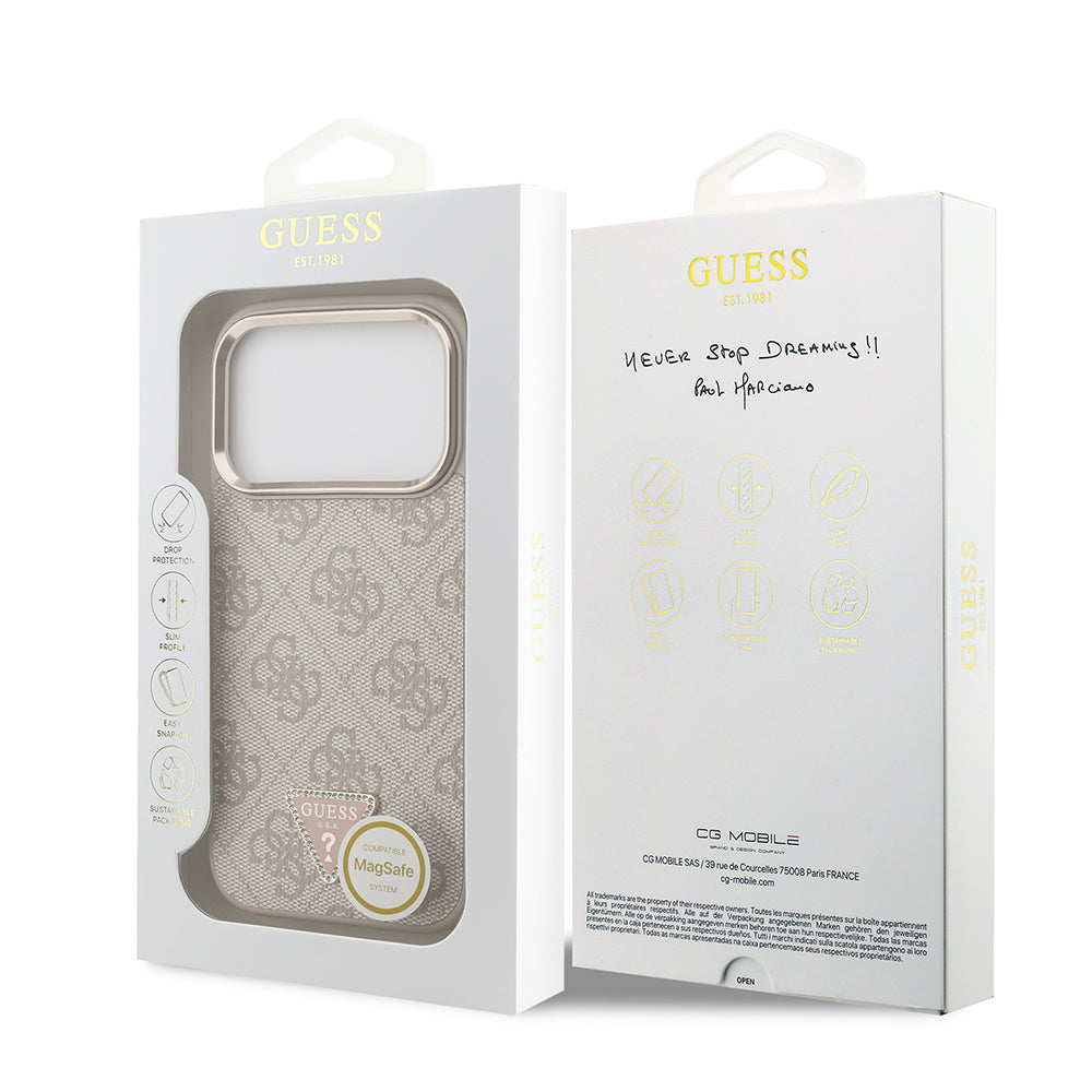 Apple iPhone 17 Pro Kılıf Guess Orjinal Lisanslı M-safe Şarj Özellikli Gold Metal Kamera Çerçeveli Taşlı Üçgen Logo 4G Desenli Kapak Pembe