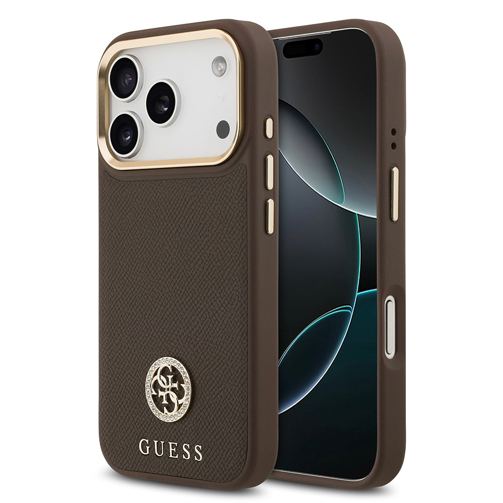 Apple iPhone 17 Pro Kılıf Guess Orjinal Lisanslı M-safe Şarj Özellikli Grained Yazı ve Taşlı 4G Logolu Kapak Siyah