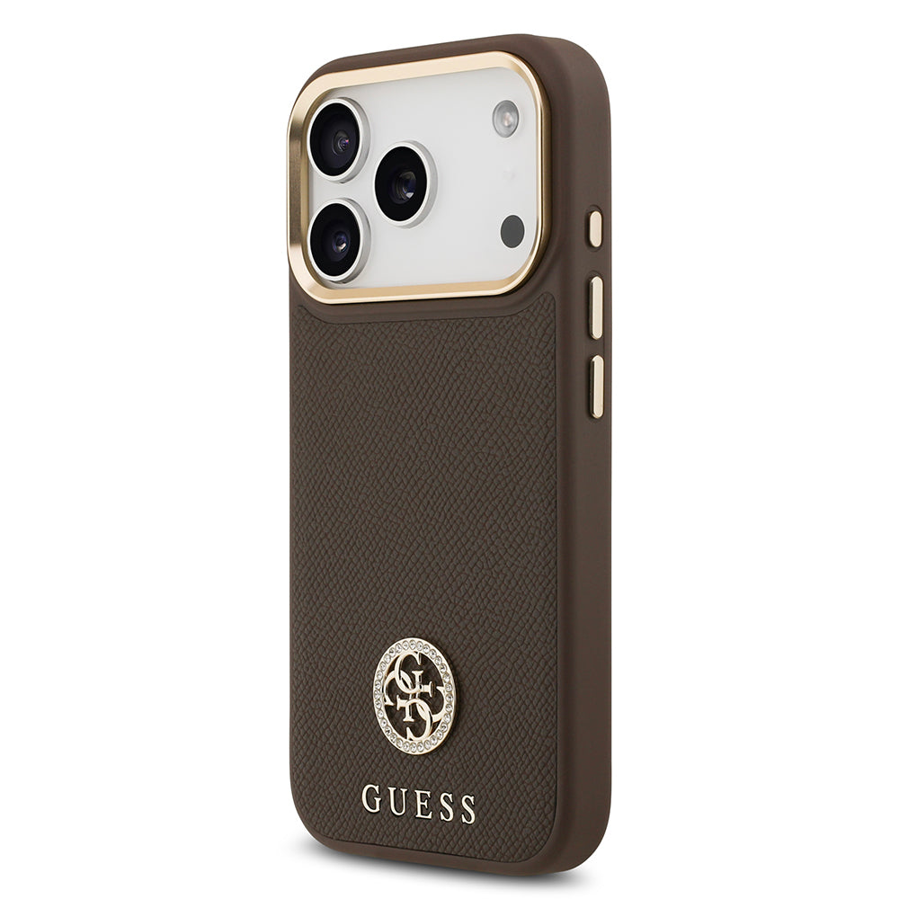 Apple iPhone 17 Pro Kılıf Guess Orjinal Lisanslı M-safe Şarj Özellikli Grained Yazı ve Taşlı 4G Logolu Kapak Siyah