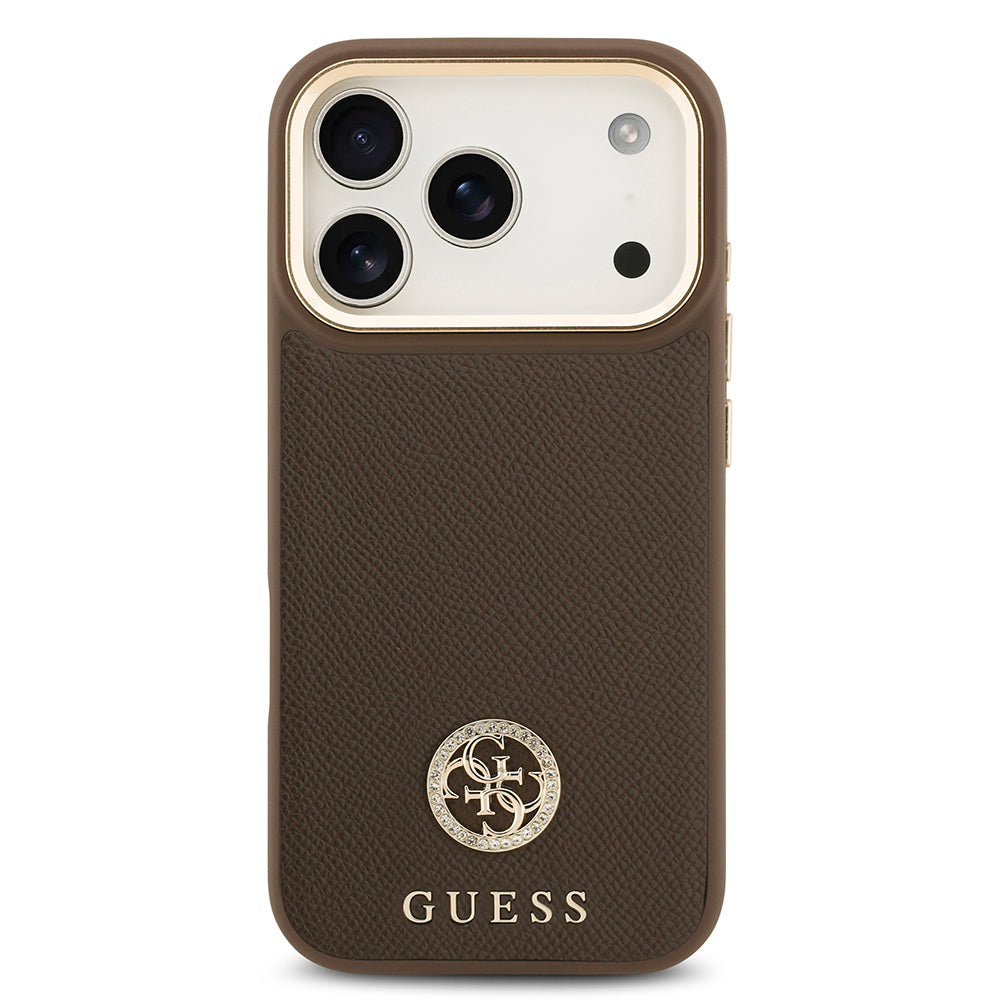 Apple iPhone 17 Pro Kılıf Guess Orjinal Lisanslı M-safe Şarj Özellikli Grained Yazı ve Taşlı 4G Logolu Kapak Siyah