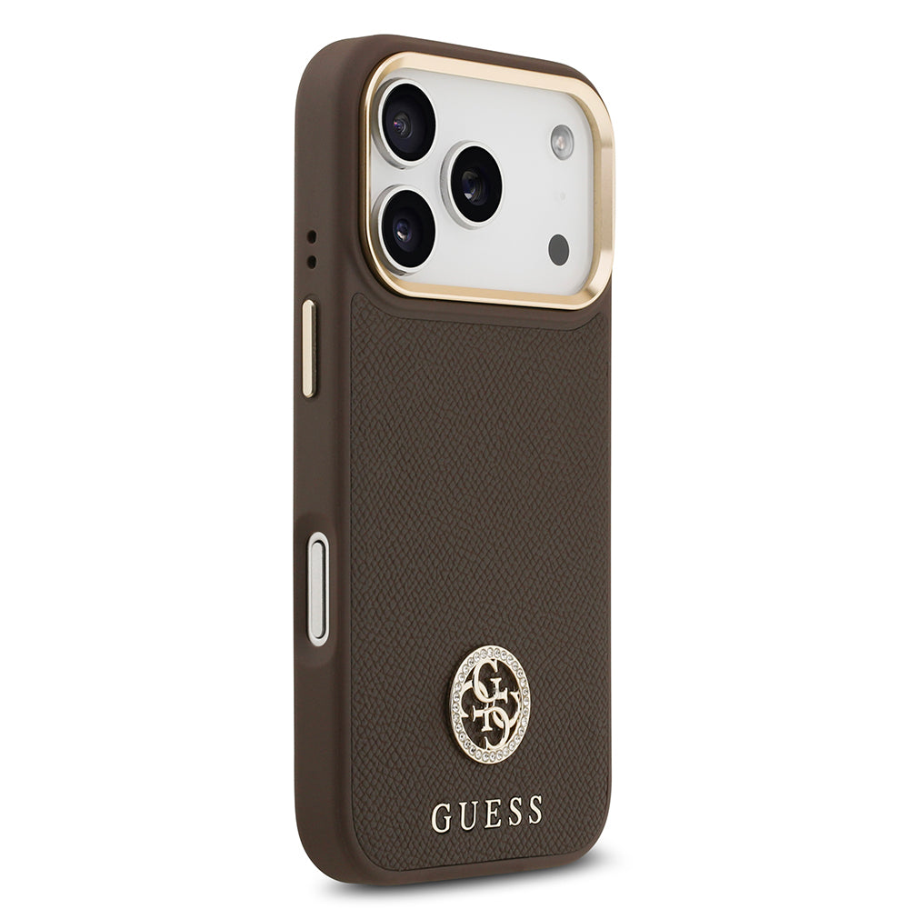 Apple iPhone 17 Pro Kılıf Guess Orjinal Lisanslı M-safe Şarj Özellikli Grained Yazı ve Taşlı 4G Logolu Kapak Siyah