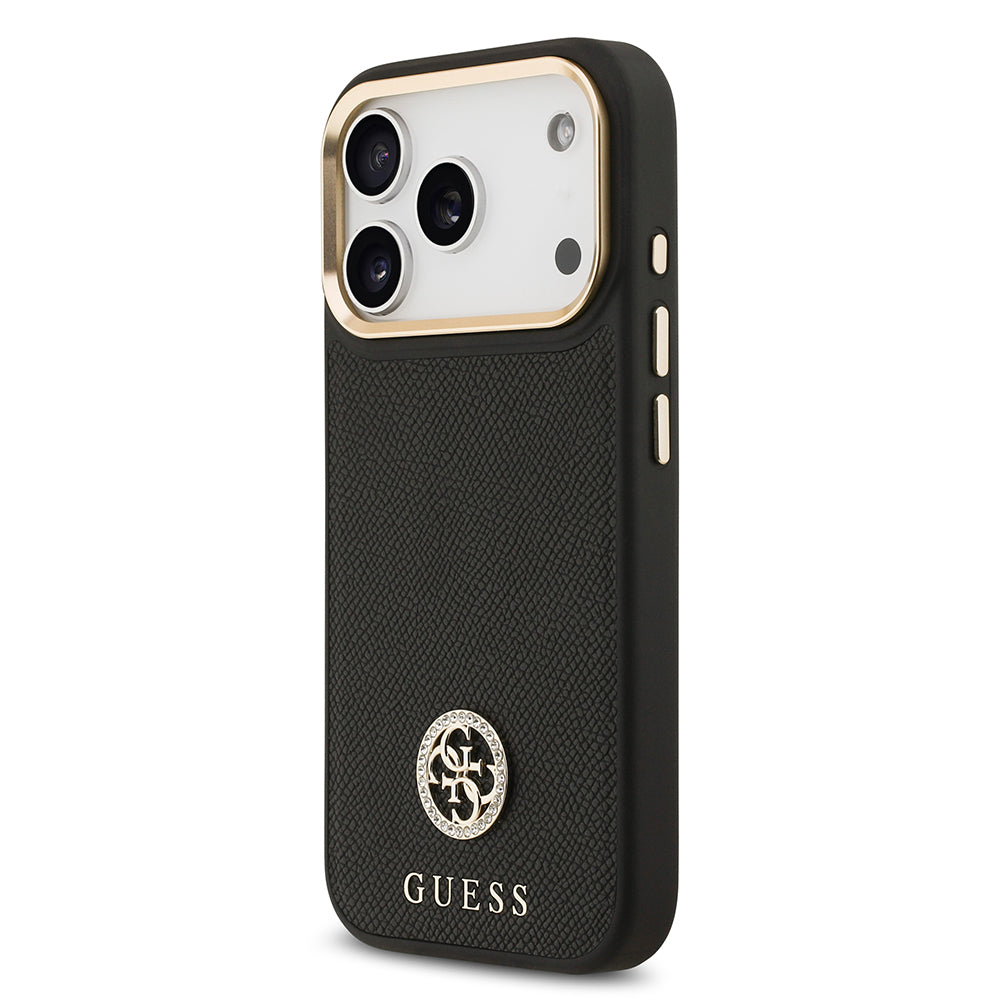 Apple iPhone 17 Pro Kılıf Guess Orjinal Lisanslı M-safe Şarj Özellikli Grained Yazı ve Taşlı 4G Logolu Kapak Kahverengi