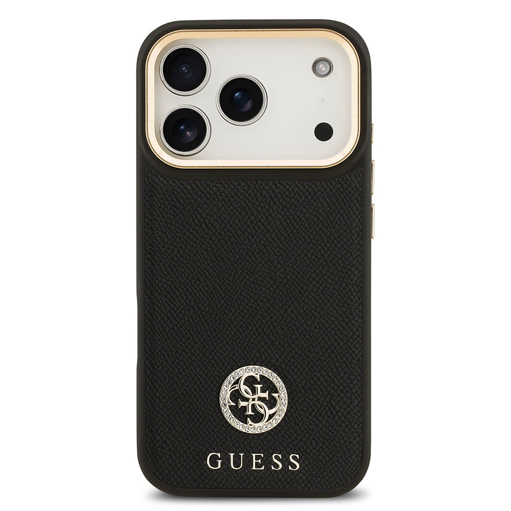 Apple iPhone 17 Pro Kılıf Guess Orjinal Lisanslı M-safe Şarj Özellikli Grained Yazı ve Taşlı 4G Logolu Kapak Kahverengi
