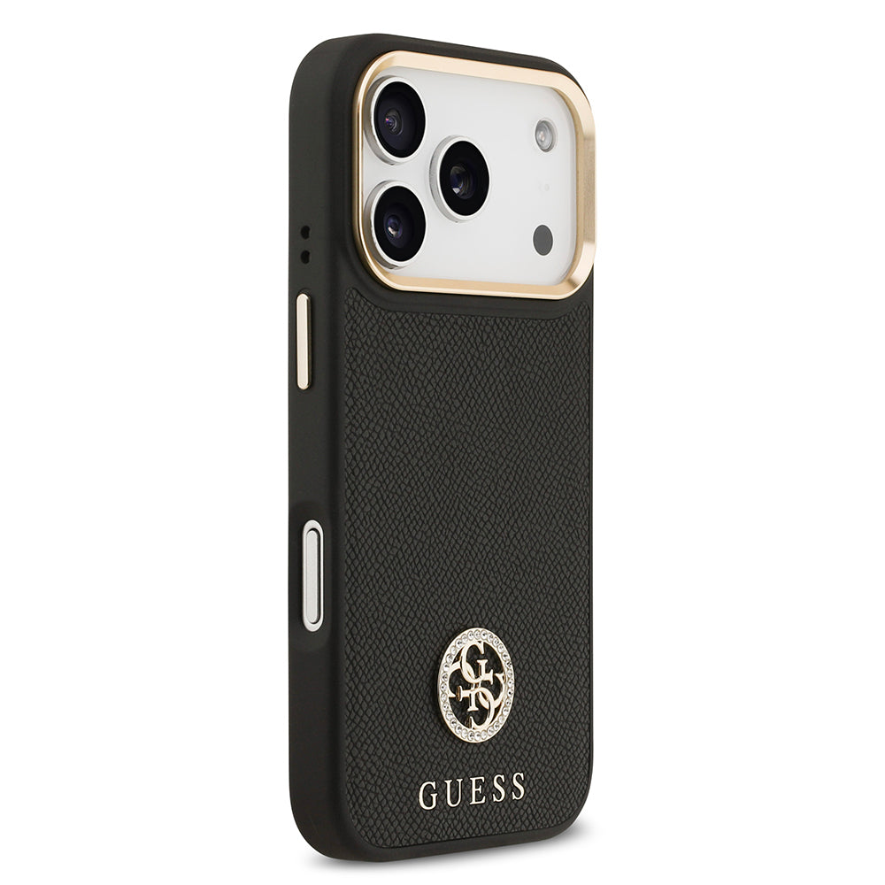 Apple iPhone 17 Pro Kılıf Guess Orjinal Lisanslı M-safe Şarj Özellikli Grained Yazı ve Taşlı 4G Logolu Kapak Kahverengi