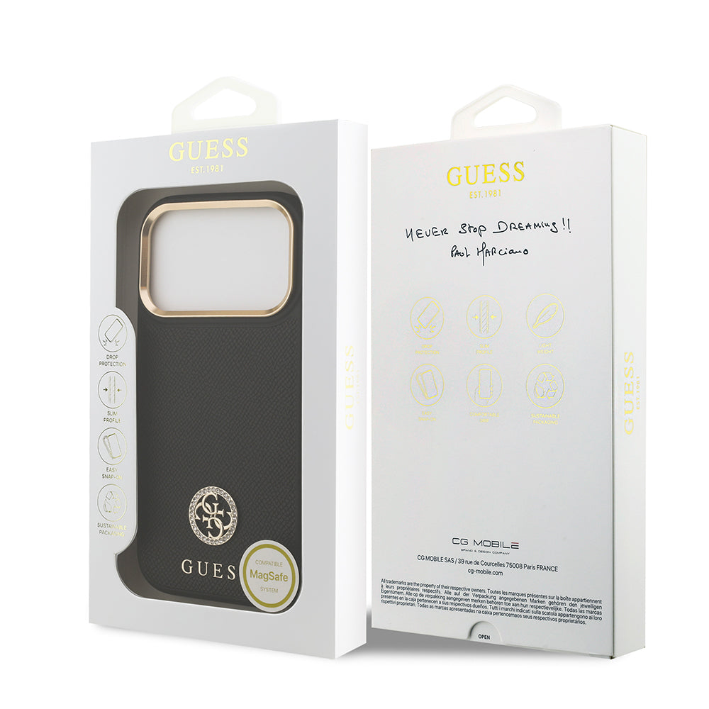 Apple iPhone 17 Pro Kılıf Guess Orjinal Lisanslı M-safe Şarj Özellikli Grained Yazı ve Taşlı 4G Logolu Kapak Bej