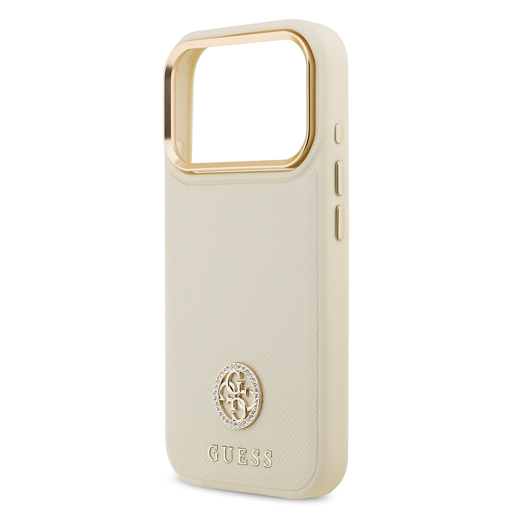 Apple iPhone 17 Pro Kılıf Guess Orjinal Lisanslı M-safe Şarj Özellikli Grained Yazı ve Taşlı 4G Logolu Kapak Bej