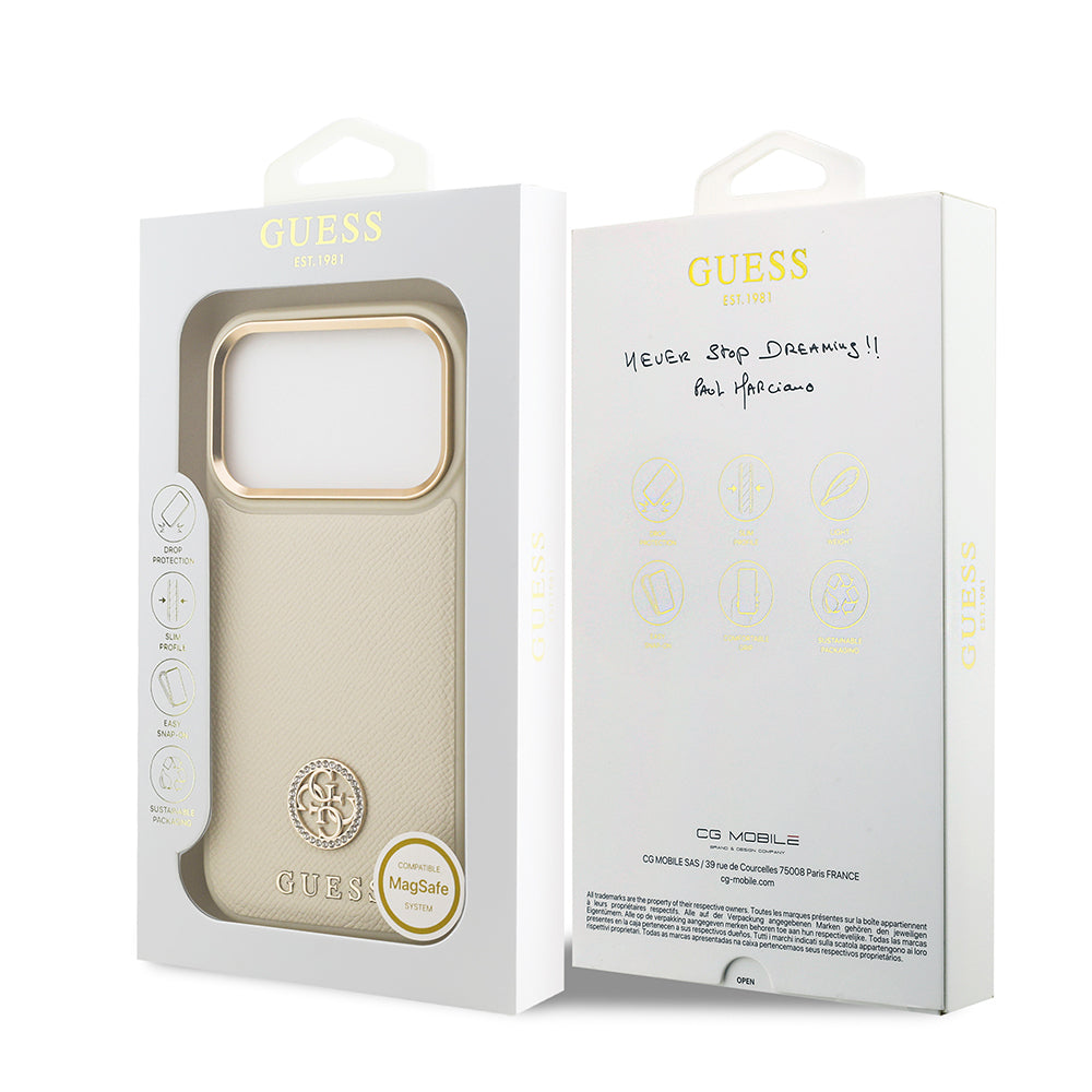 Apple iPhone 17 Pro Kılıf Guess Orjinal Lisanslı M-safe Şarj Özellikli Grained Yazı ve Taşlı 4G Logolu Kapak Bej