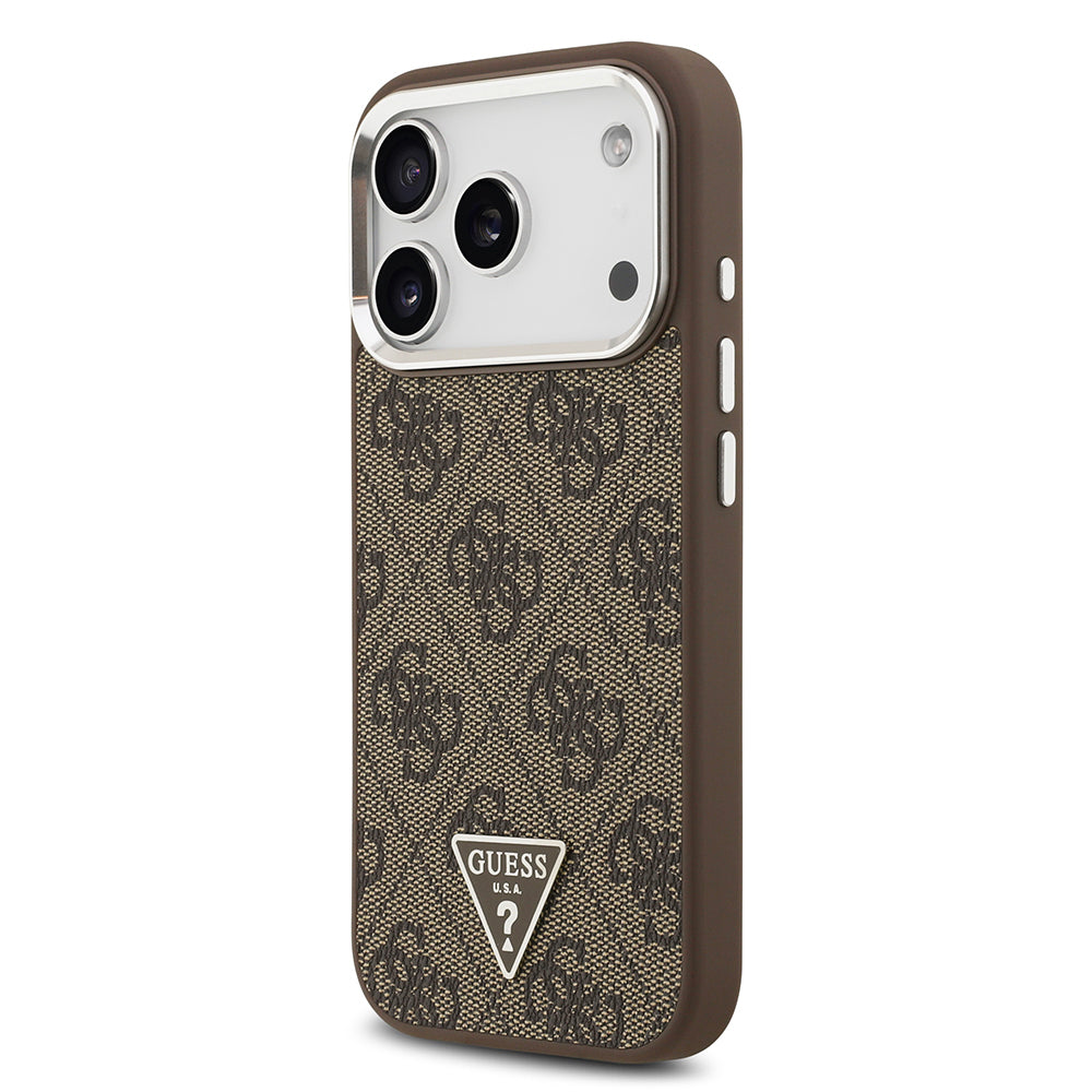 Apple iPhone 17 Pro Kılıf Guess Orjinal Lisanslı M-safe Şarj Özellikli Gümüş Metal Kamera Çerçeveli Üçgen Logo 4G Desenli Kapak Siyah