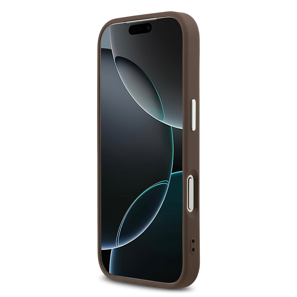 Apple iPhone 17 Pro Kılıf Guess Orjinal Lisanslı M-safe Şarj Özellikli Gümüş Metal Kamera Çerçeveli Üçgen Logo 4G Desenli Kapak Siyah