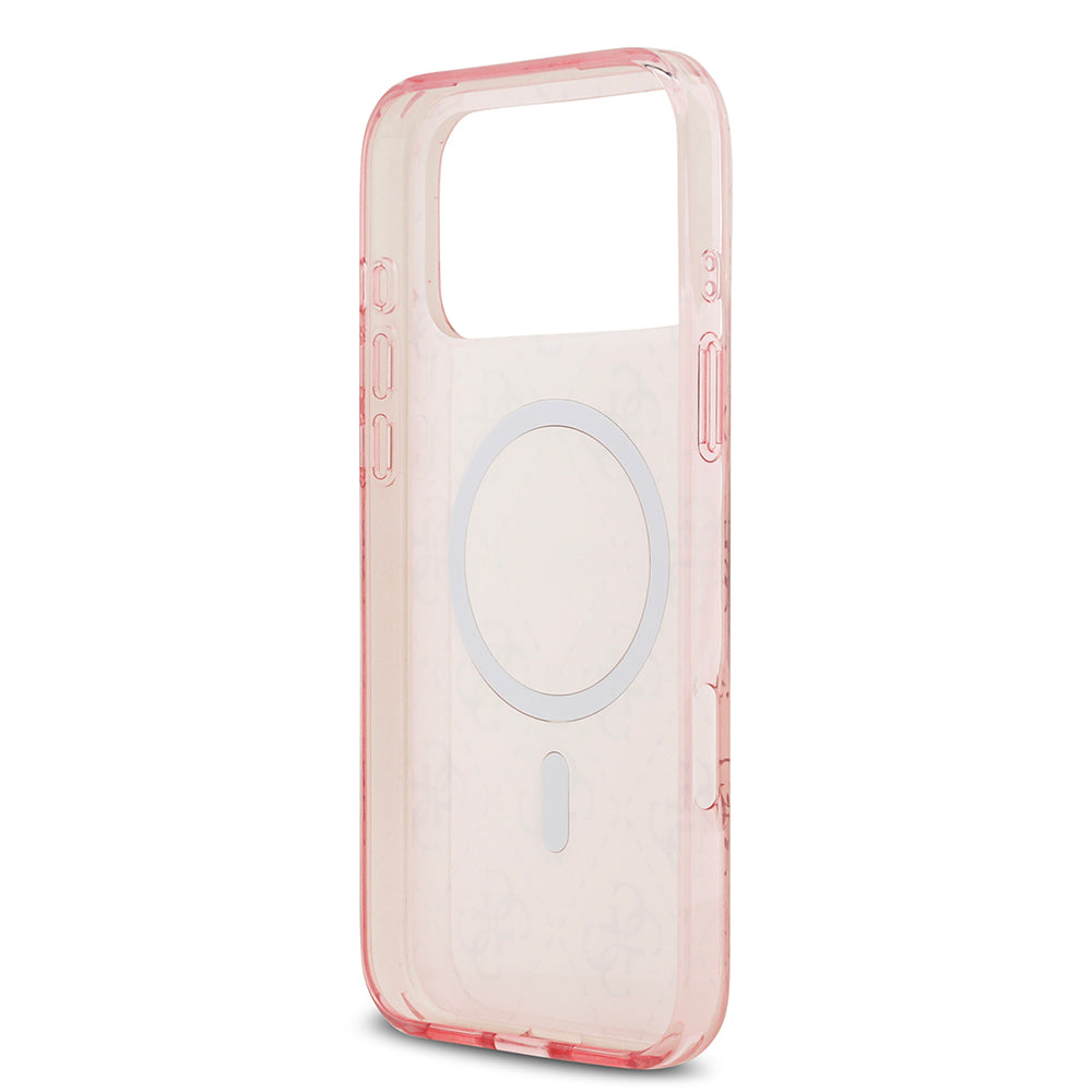 Apple iPhone 17 Pro Kılıf Guess Orjinal Lisanslı M-safe Şarj Özellikli IML Baskılı Klasik Logolu 4G Desenli Kapak Pembe