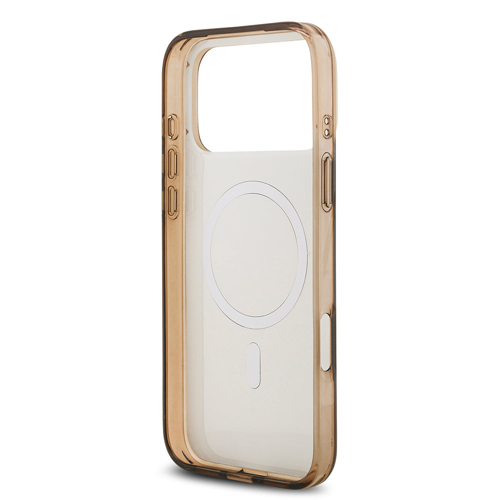 Apple iPhone 17 Pro Kılıf Guess Orjinal Lisanslı M-safe Şarj Özellikli IML Baskılı Klasik Logolu 4G Desenli Kapak Kahverengi