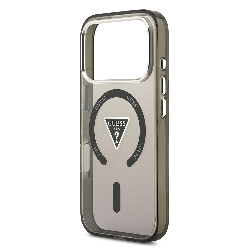 Apple iPhone 17 Pro Kılıf Guess Orjinal Lisanslı M-safe Şarj Özellikli IML Baskılı Üçgen Logolu Metal Kamera Çerçeveli Kapak Şeffaf