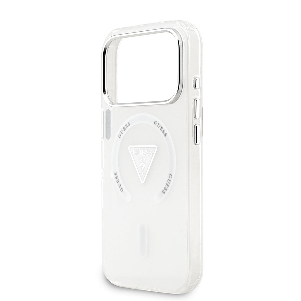 Apple iPhone 17 Pro Kılıf Guess Orjinal Lisanslı M-safe Şarj Özellikli IML Baskılı Üçgen Logolu Metal Kamera Çerçeveli Kapak Şeffaf