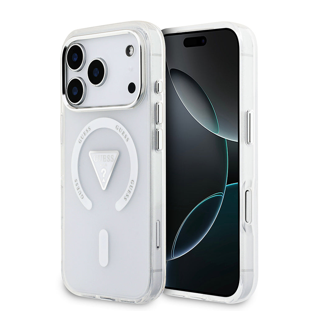 Apple iPhone 17 Pro Kılıf Guess Orjinal Lisanslı M-safe Şarj Özellikli IML Baskılı Üçgen Logolu Metal Kamera Çerçeveli Kapak Şeffaf