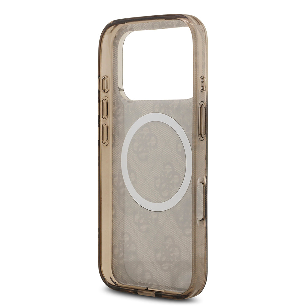 Apple iPhone 17 Pro Kılıf Guess Orjinal Lisanslı M-safe Şarj Özellikli IML Peony ve 4G Desenli Klasik Logolu Kapak Pembe