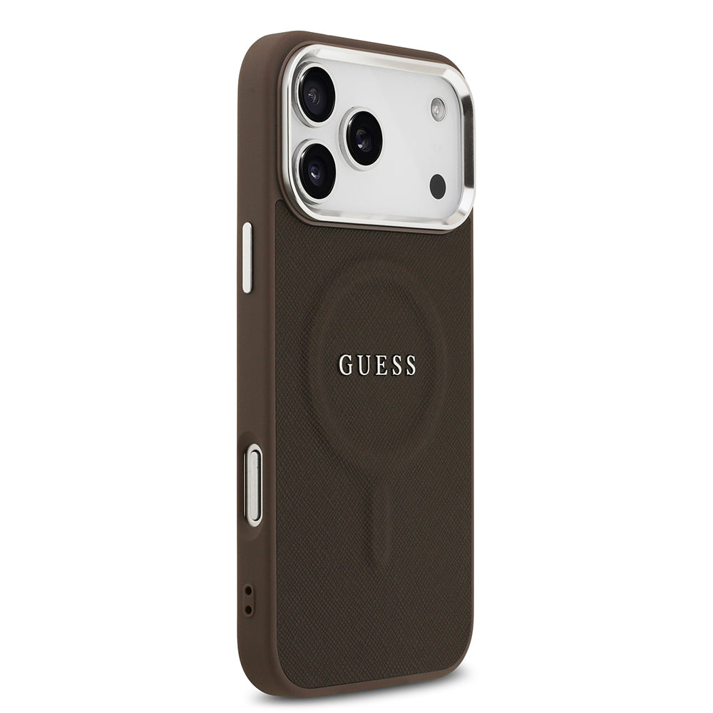 Apple iPhone 17 Pro Kılıf Guess Orjinal Lisanslı M-safe Şarj Özellikli Klasik Yazı Logolu PU Deri Kapak Kahverengi