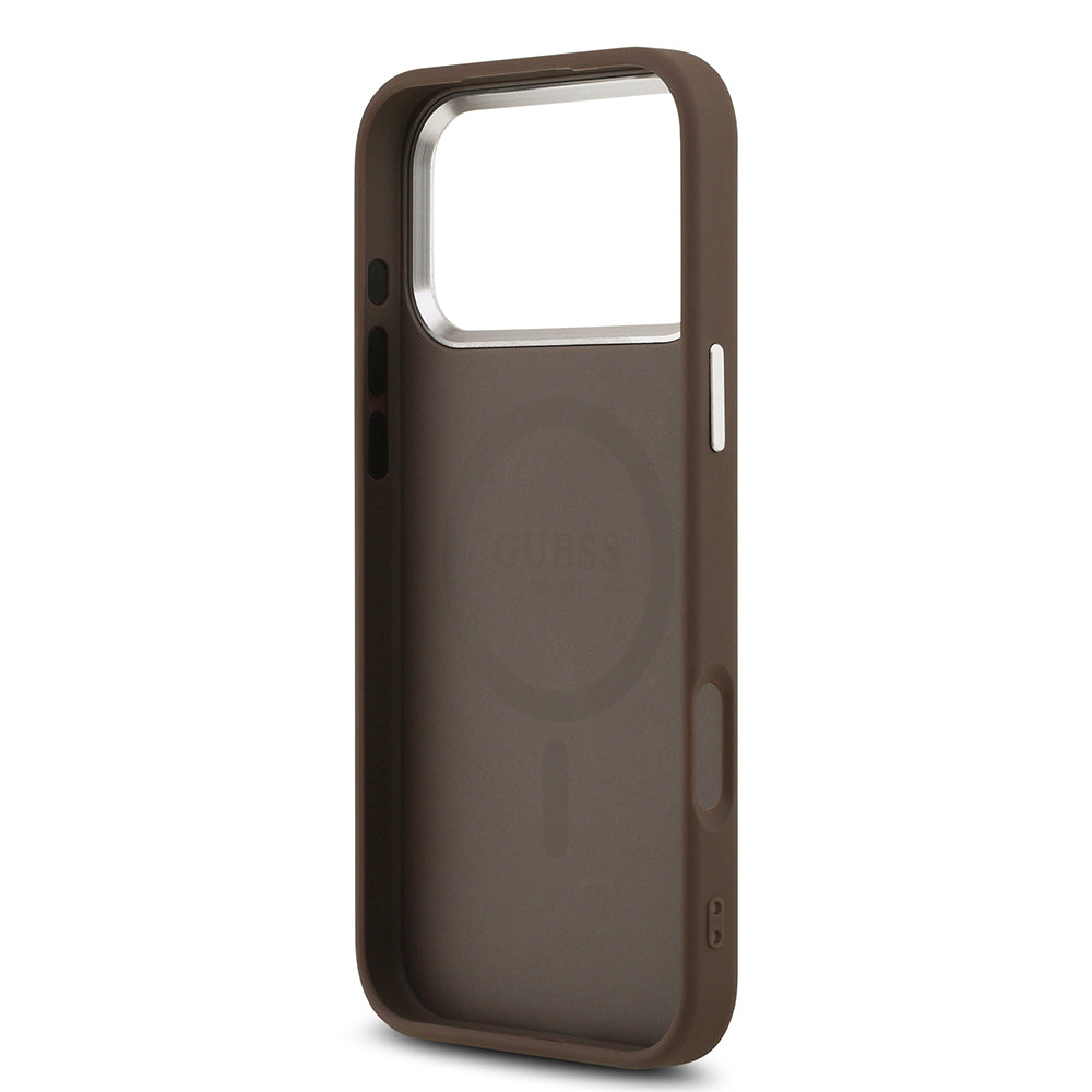 Apple iPhone 17 Pro Kılıf Guess Orjinal Lisanslı M-safe Şarj Özellikli Klasik Yazı Logolu PU Deri Kapak Kahverengi