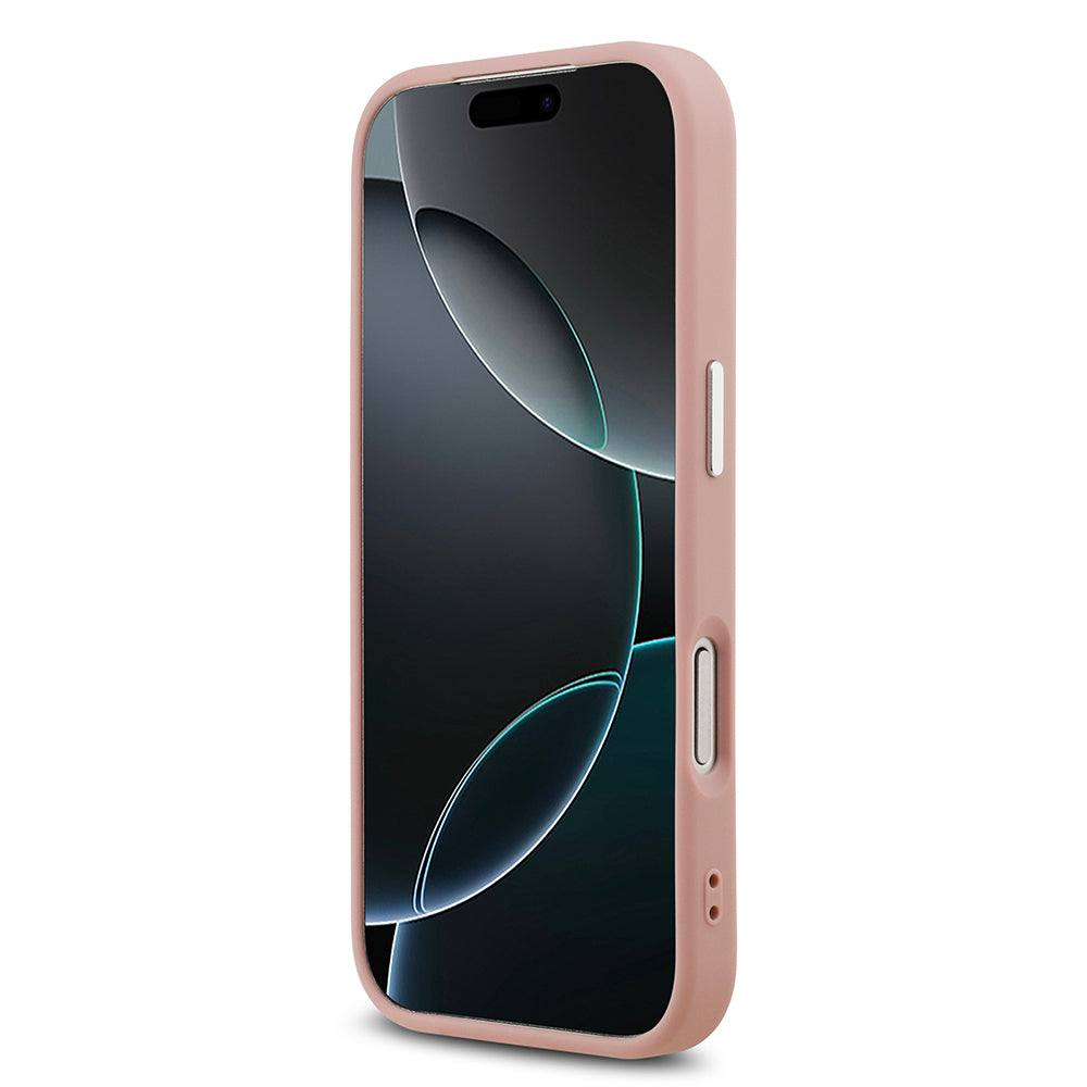 Apple iPhone 17 Pro Kılıf Guess Orjinal Lisanslı M-safe Şarj Özellikli Metal Kamera Çerçeveli Üçgen Logolu Glitter Kapak Pembe