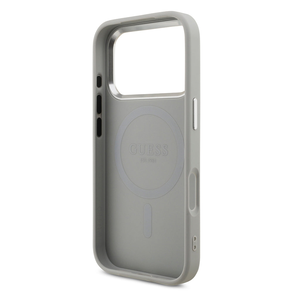 Apple iPhone 17 Pro Kılıf Guess Orjinal Lisanslı M-safe Şarj Özellikli Metal Kamera Çerçeveli Üçgen Logolu Glitter Kapak Pembe