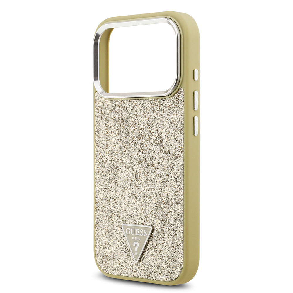 Apple iPhone 17 Pro Kılıf Guess Orjinal Lisanslı M-safe Şarj Özellikli Metal Kamera Çerçeveli Üçgen Logolu Glitter Kapak Siyah