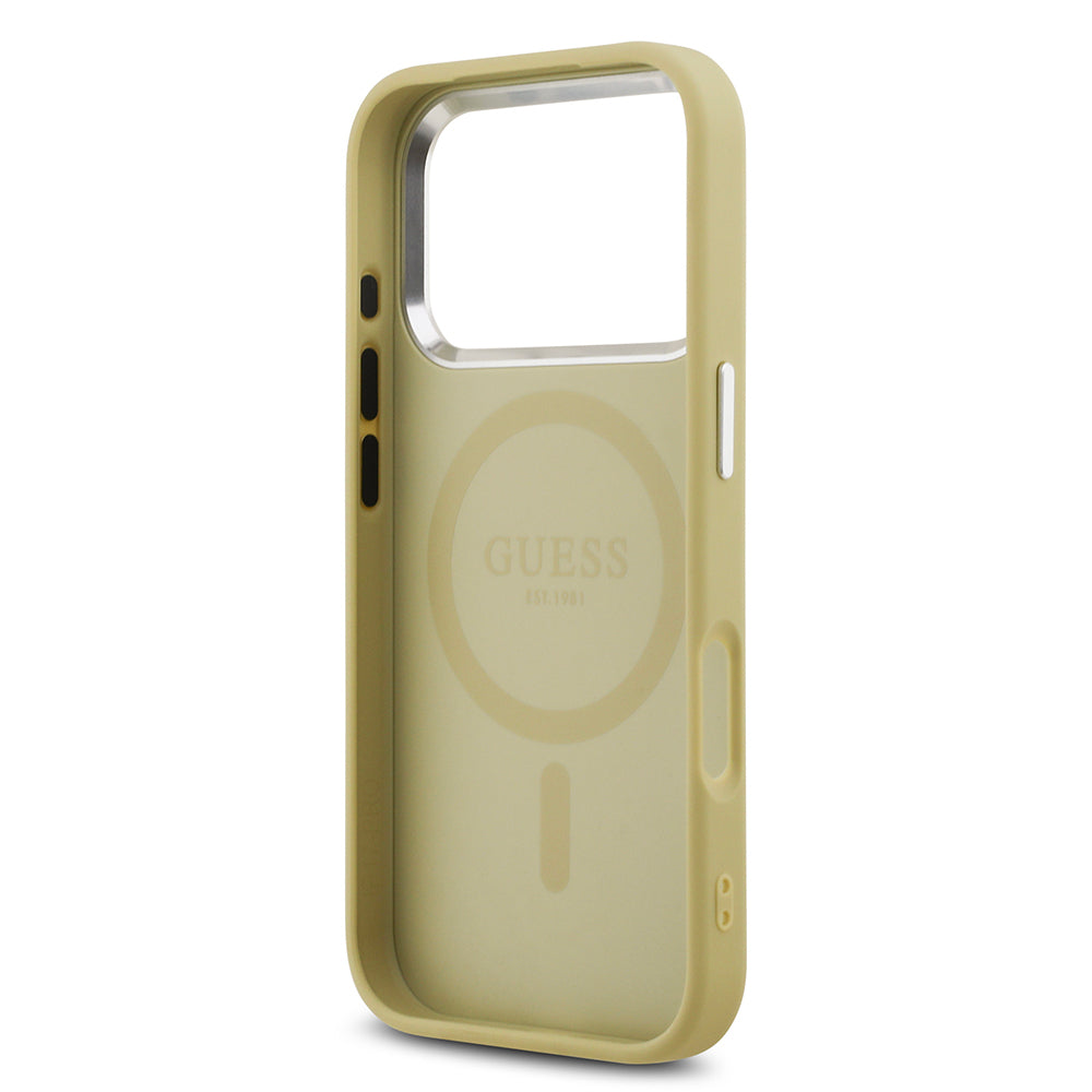 Apple iPhone 17 Pro Kılıf Guess Orjinal Lisanslı M-safe Şarj Özellikli Metal Kamera Çerçeveli Üçgen Logolu Glitter Kapak Gold