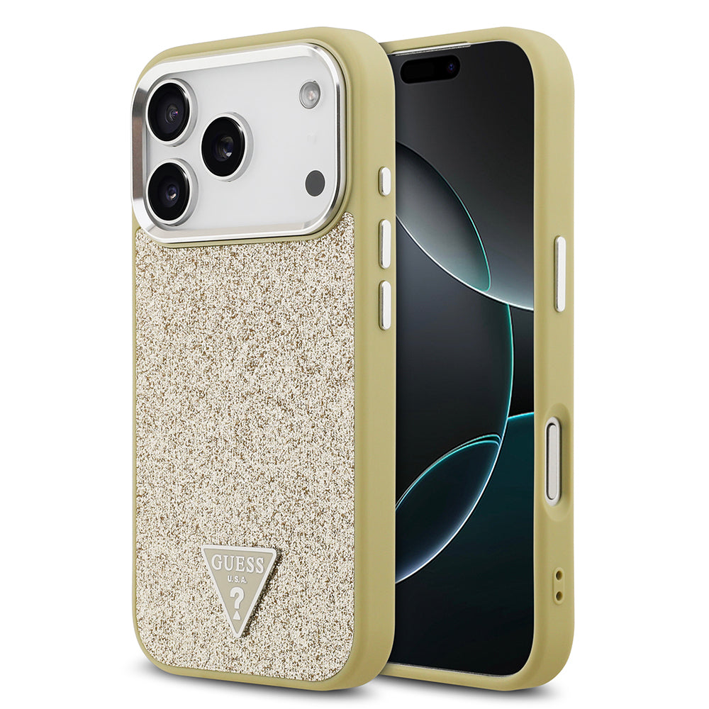 Apple iPhone 17 Pro Kılıf Guess Orjinal Lisanslı M-safe Şarj Özellikli Metal Kamera Çerçeveli Üçgen Logolu Glitter Kapak Gold