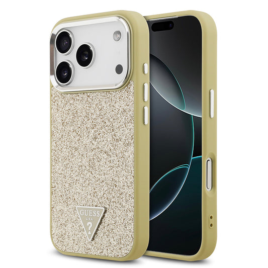 Apple iPhone 17 Pro Kılıf Guess Orjinal Lisanslı M-safe Şarj Özellikli Metal Kamera Çerçeveli Üçgen Logolu Glitter Kapak Gold