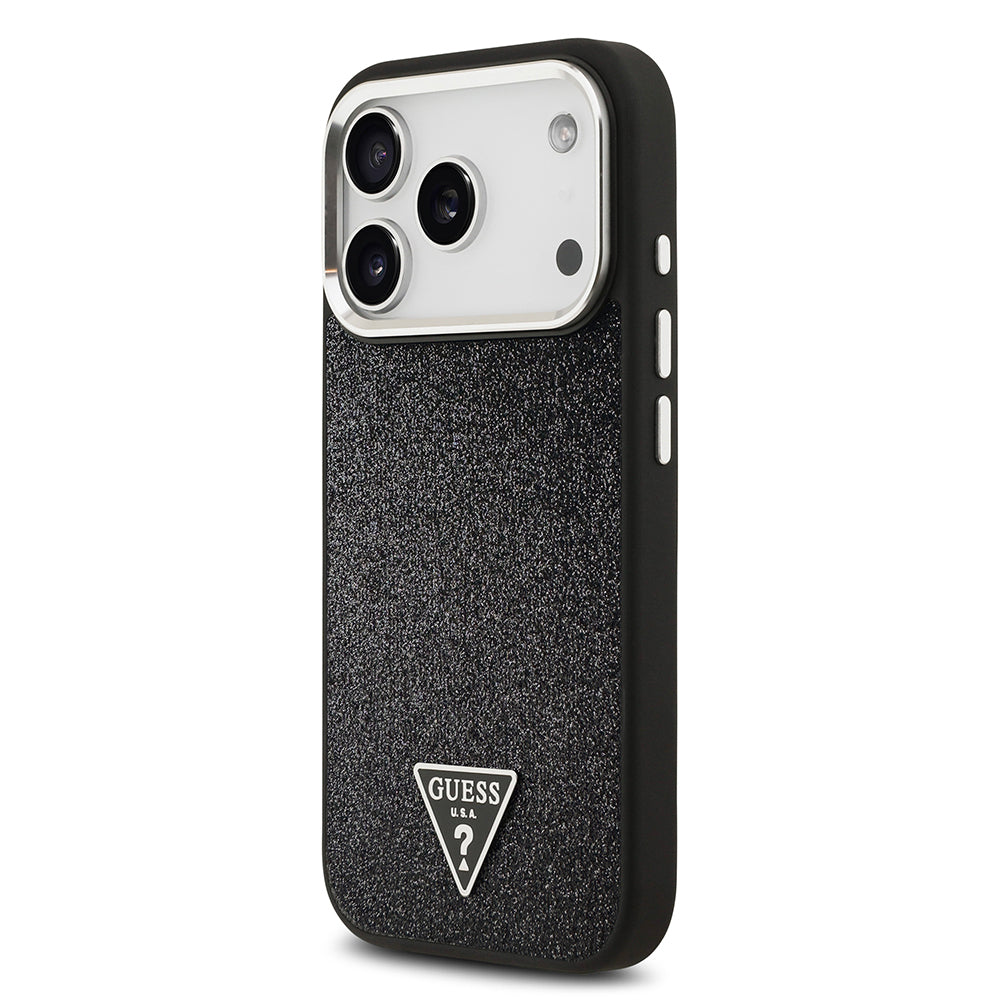 Apple iPhone 17 Pro Kılıf Guess Orjinal Lisanslı M-safe Şarj Özellikli Metal Kamera Çerçeveli Üçgen Logolu Glitter Kapak Siyah