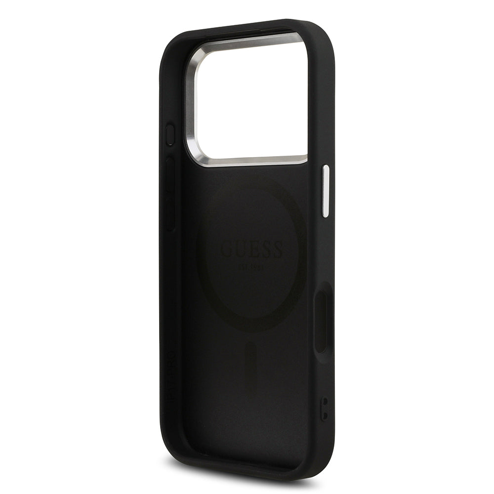 Apple iPhone 17 Pro Kılıf Guess Orjinal Lisanslı M-safe Şarj Özellikli Metal Kamera Çerçeveli Üçgen Logolu Glitter Kapak Gold