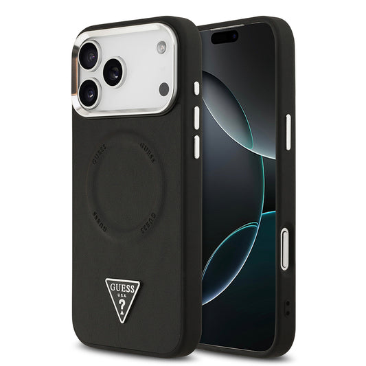 Apple iPhone 17 Pro Kılıf Guess Orjinal Lisanslı M-safe Şarj Özellikli PU Deri Metal Kamera Çerçeveli Üçgen Logolu Kapak