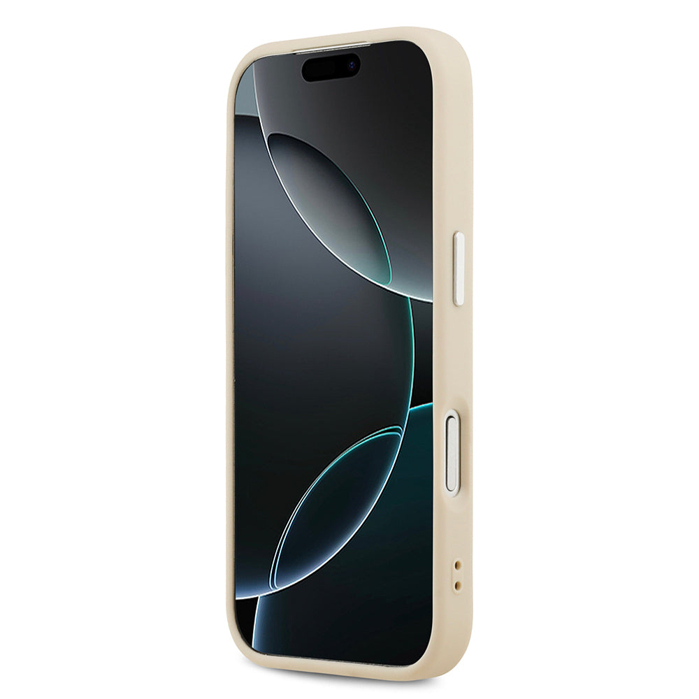 Apple iPhone 17 Pro Kılıf Guess Orjinal Lisanslı M-safe Şarj Özellikli Sıcak Baskılı Klasik Yazı Logolu PU Deri Peony Kapak Bej