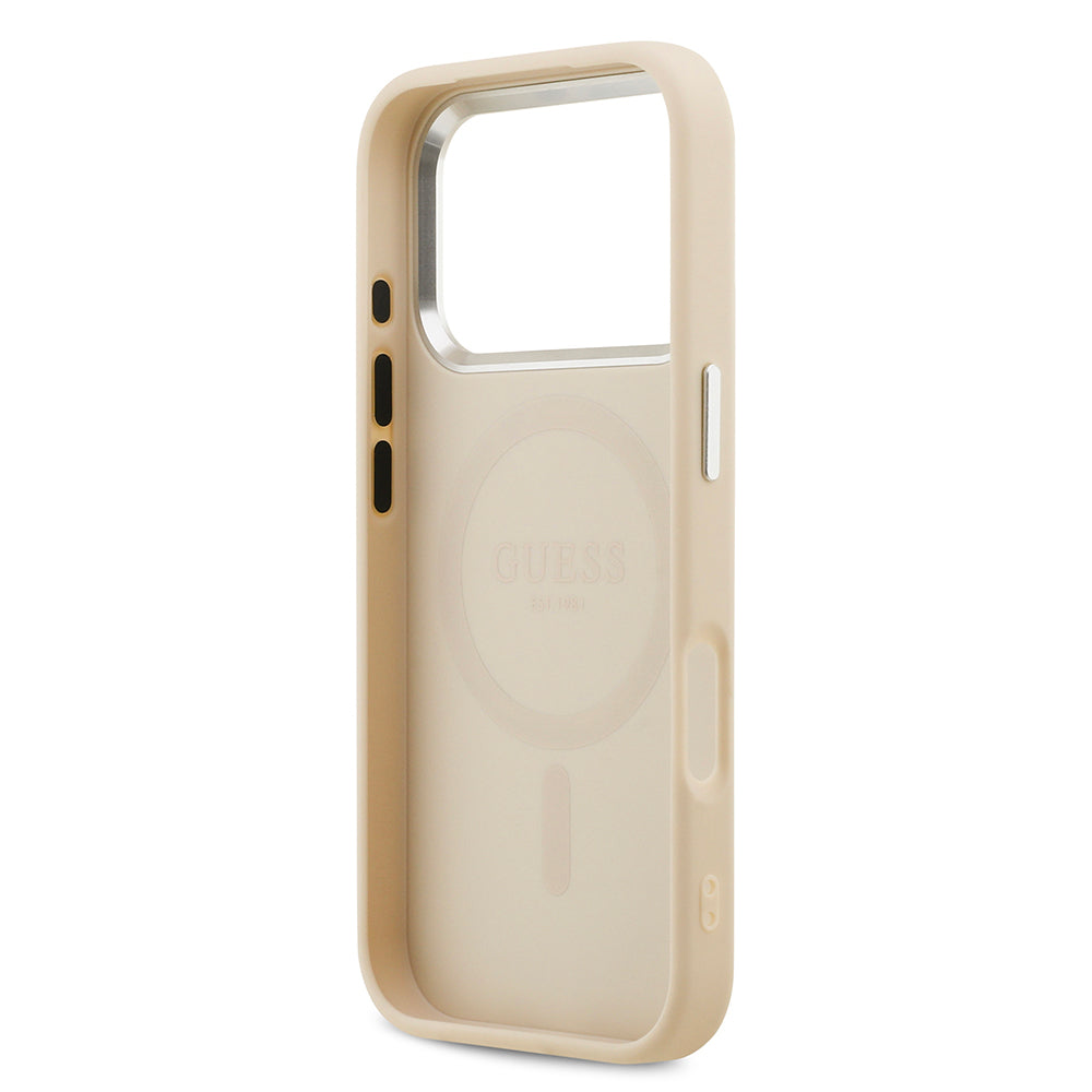 Apple iPhone 17 Pro Kılıf Guess Orjinal Lisanslı M-safe Şarj Özellikli Sıcak Baskılı Klasik Yazı Logolu PU Deri Peony Kapak Bej