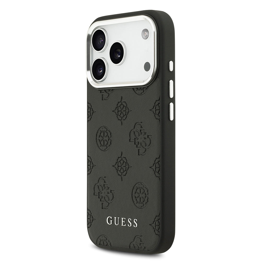 Apple iPhone 17 Pro Kılıf Guess Orjinal Lisanslı M-safe Şarj Özellikli Sıcak Baskılı Klasik Yazı Logolu PU Deri Peony Kapak Siyah