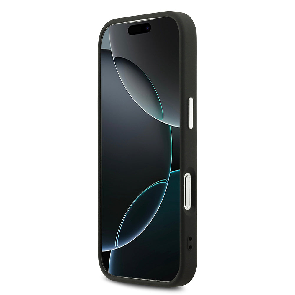 Apple iPhone 17 Pro Kılıf Guess Orjinal Lisanslı M-safe Şarj Özellikli Sıcak Baskılı Klasik Yazı Logolu PU Deri Peony Kapak Siyah