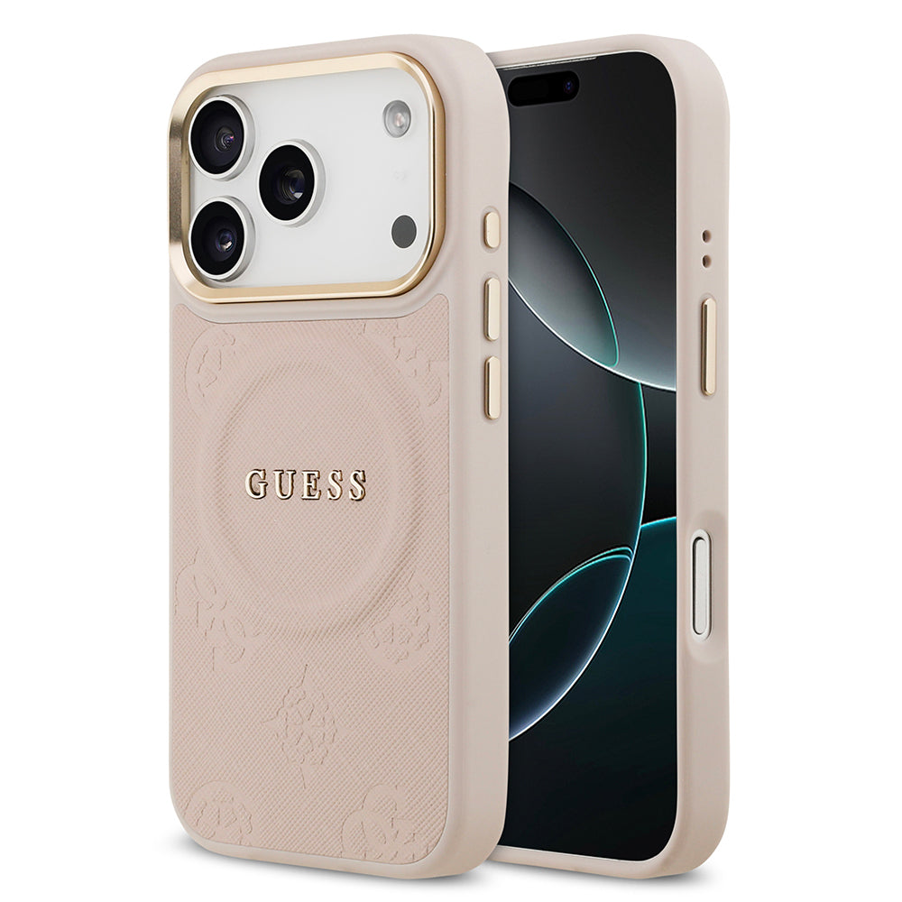 Apple iPhone 17 Pro Kılıf Guess Orjinal Lisanslı M-safe Şarj Özellikli Sıcak Baskılı Yazı Logolu PU Deri Peony Kapak Kahverengi