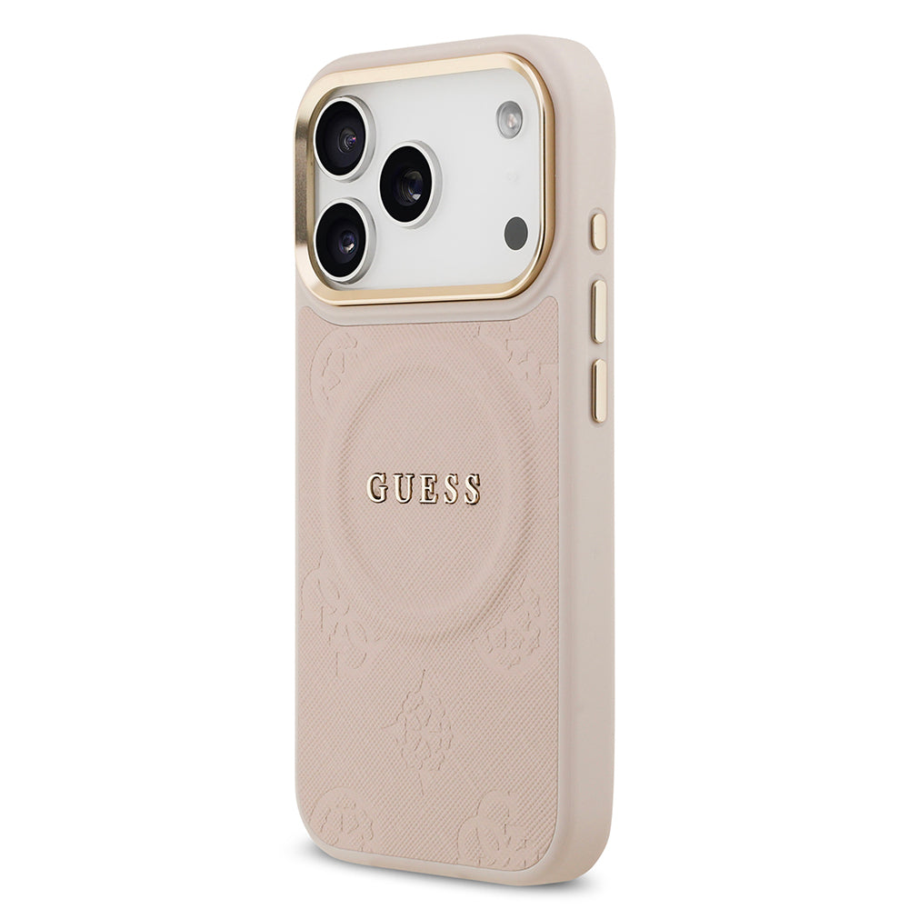 Apple iPhone 17 Pro Kılıf Guess Orjinal Lisanslı M-safe Şarj Özellikli Sıcak Baskılı Yazı Logolu PU Deri Peony Kapak Bej
