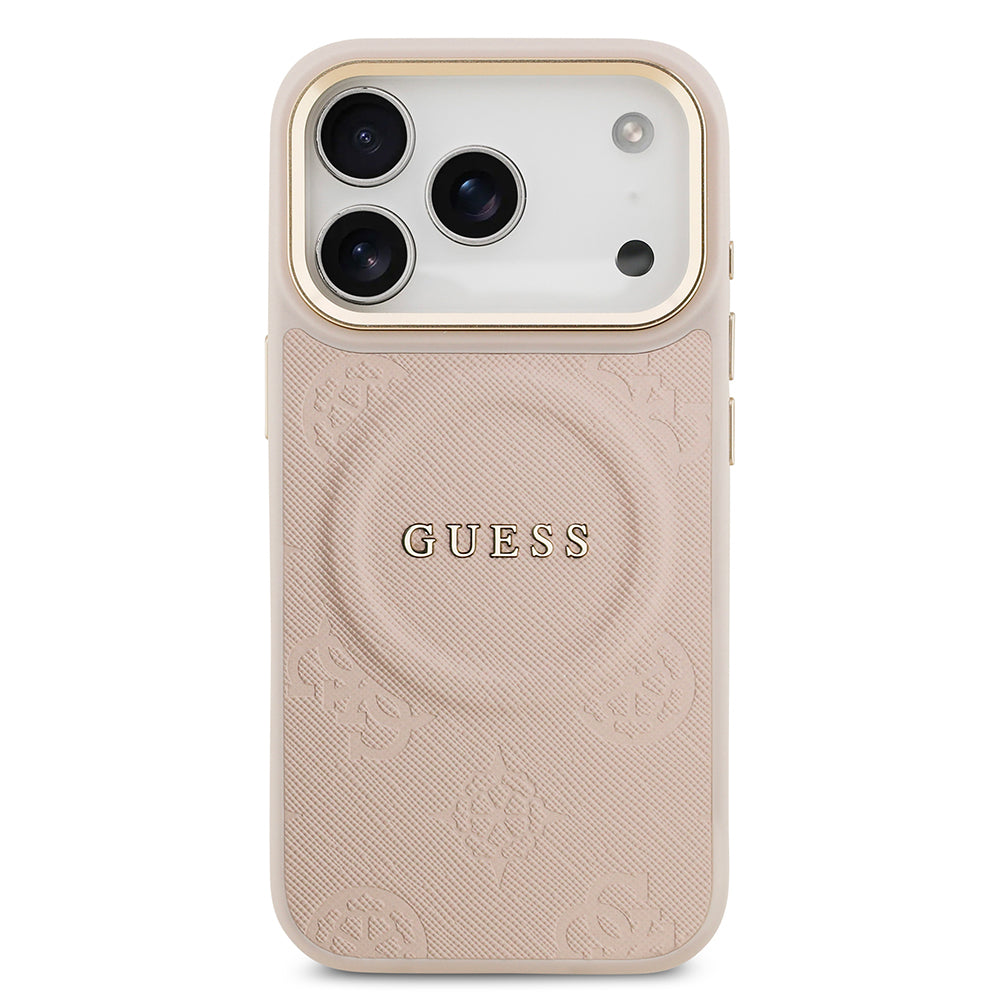 Apple iPhone 17 Pro Kılıf Guess Orjinal Lisanslı M-safe Şarj Özellikli Sıcak Baskılı Yazı Logolu PU Deri Peony Kapak Kahverengi