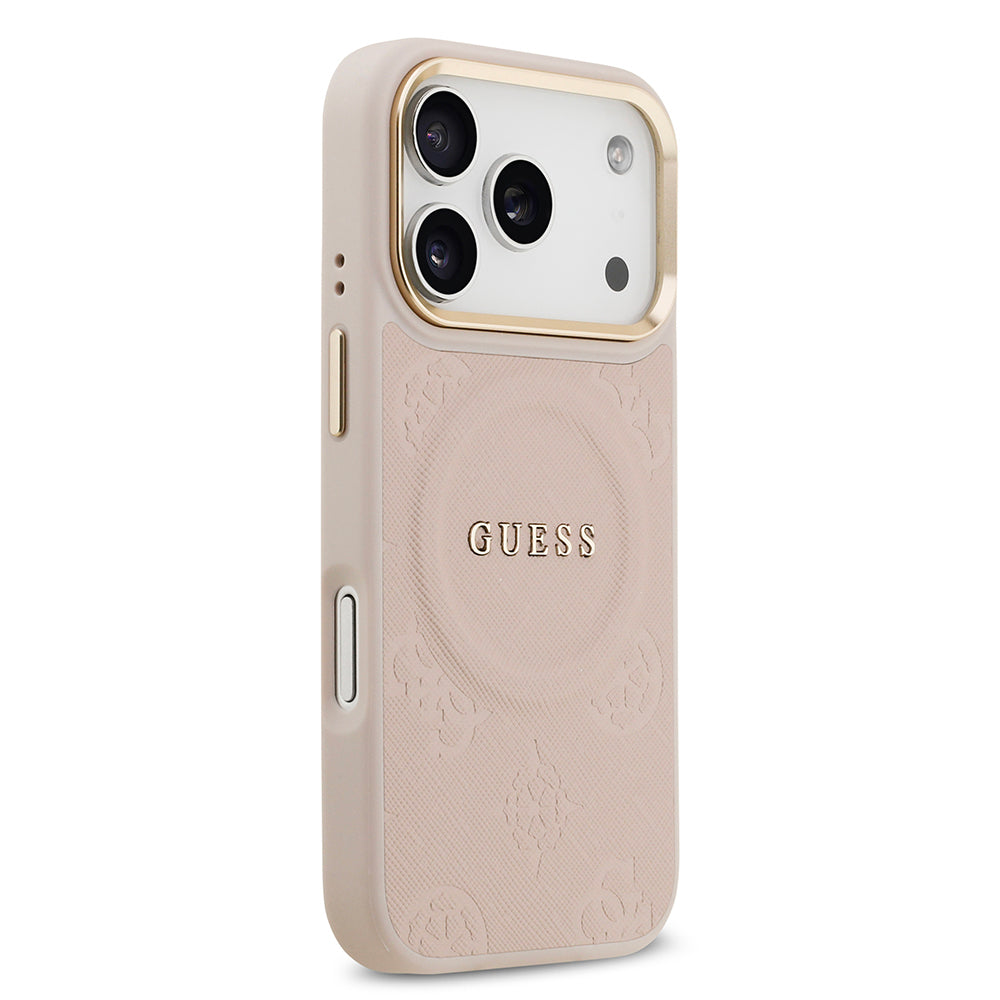 Apple iPhone 17 Pro Kılıf Guess Orjinal Lisanslı M-safe Şarj Özellikli Sıcak Baskılı Yazı Logolu PU Deri Peony Kapak Bej