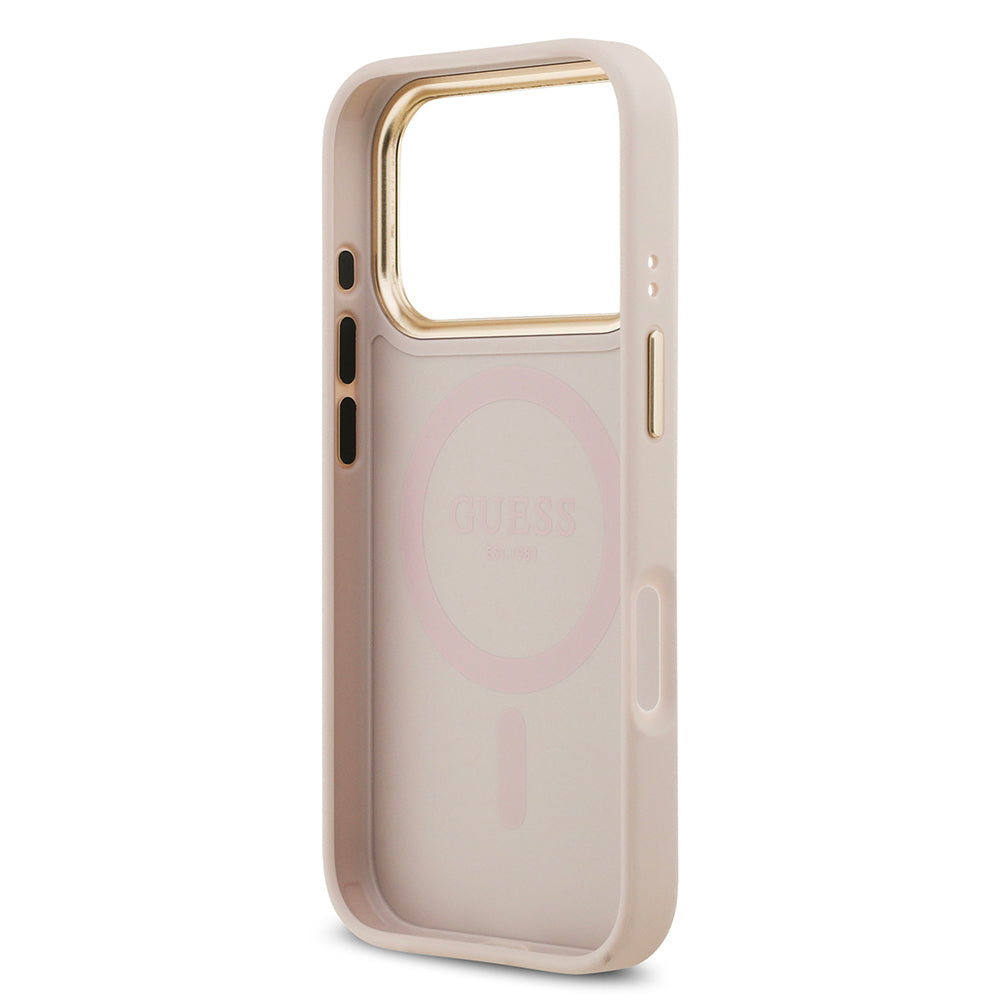 Apple iPhone 17 Pro Kılıf Guess Orjinal Lisanslı M-safe Şarj Özellikli Sıcak Baskılı Yazı Logolu PU Deri Peony Kapak Siyah