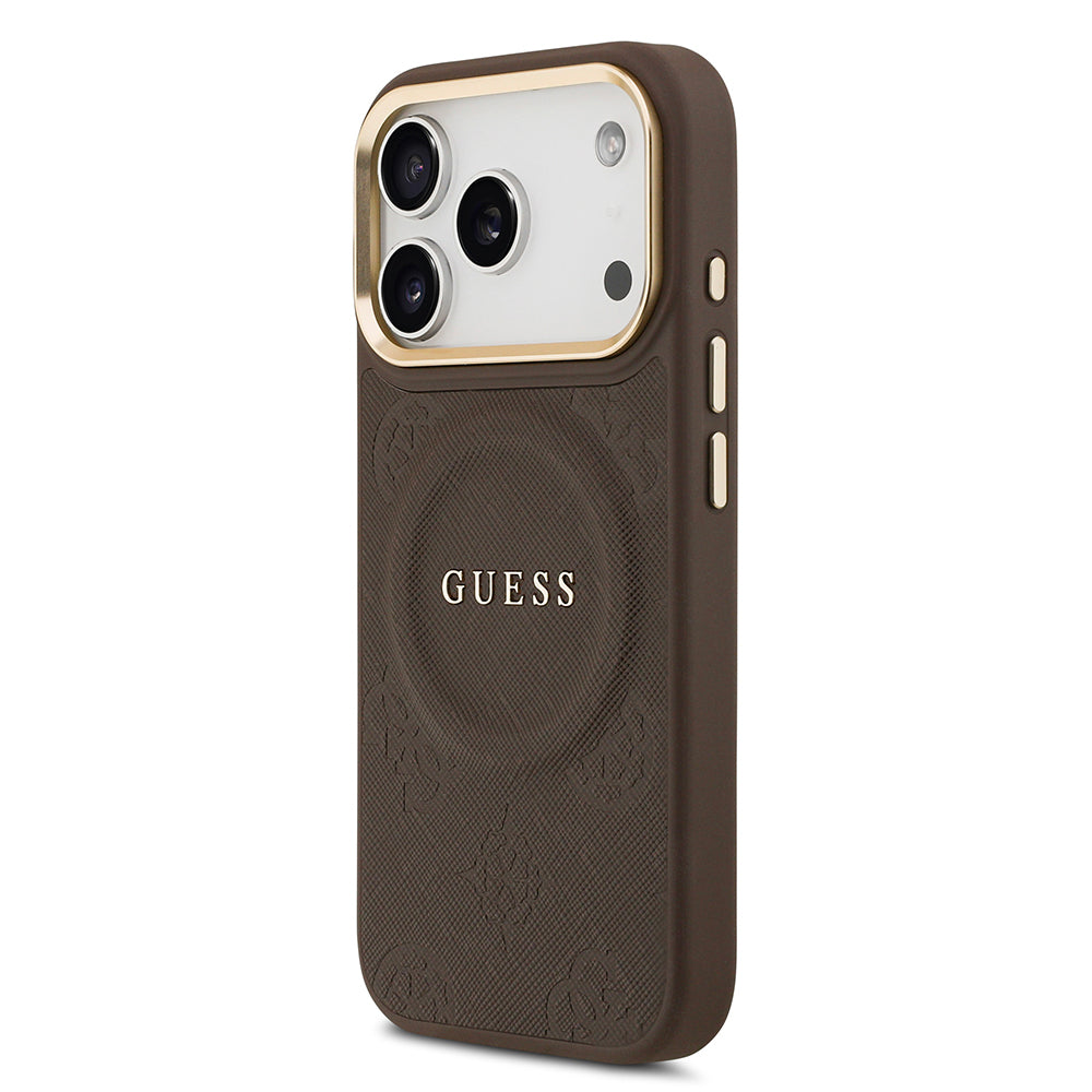 Apple iPhone 17 Pro Kılıf Guess Orjinal Lisanslı M-safe Şarj Özellikli Sıcak Baskılı Yazı Logolu PU Deri Peony Kapak Bej