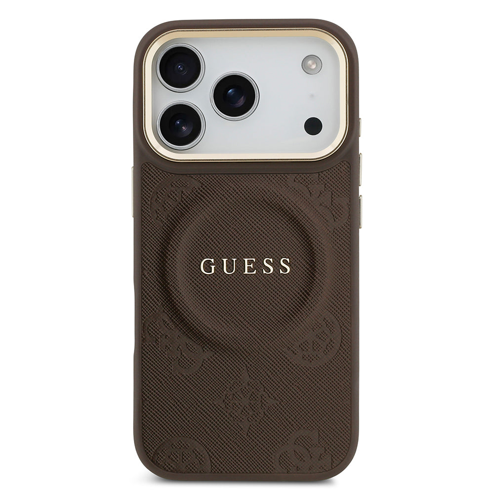 Apple iPhone 17 Pro Kılıf Guess Orjinal Lisanslı M-safe Şarj Özellikli Sıcak Baskılı Yazı Logolu PU Deri Peony Kapak Bej