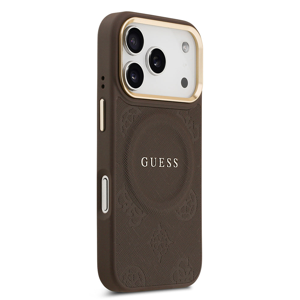 Apple iPhone 17 Pro Kılıf Guess Orjinal Lisanslı M-safe Şarj Özellikli Sıcak Baskılı Yazı Logolu PU Deri Peony Kapak Pembe