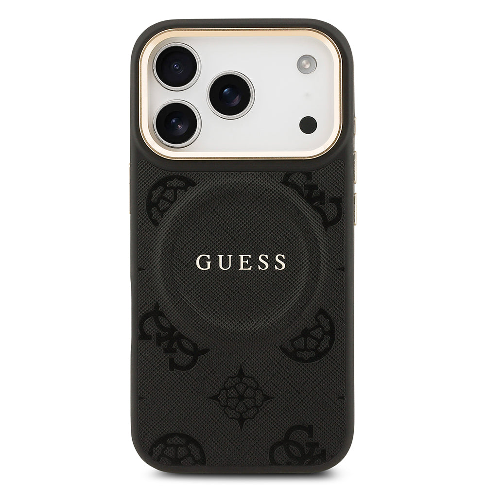 Apple iPhone 17 Pro Kılıf Guess Orjinal Lisanslı M-safe Şarj Özellikli Sıcak Baskılı Yazı Logolu PU Deri Peony Kapak Kahverengi