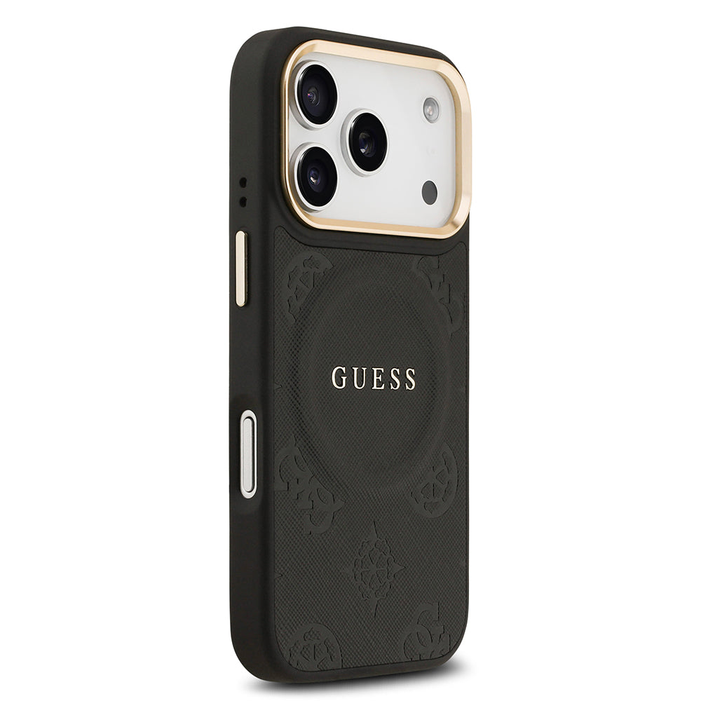 Apple iPhone 17 Pro Kılıf Guess Orjinal Lisanslı M-safe Şarj Özellikli Sıcak Baskılı Yazı Logolu PU Deri Peony Kapak Bej